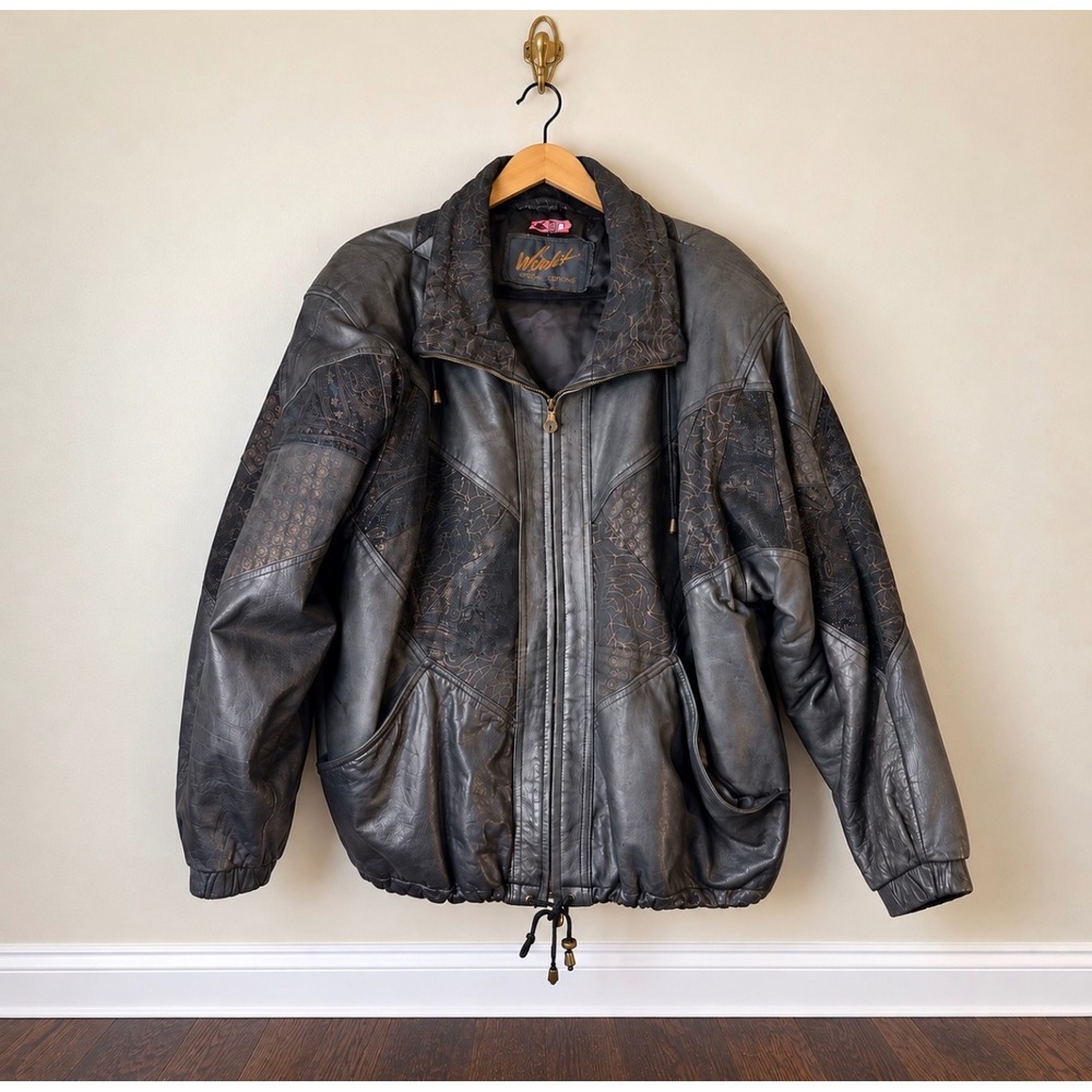 Winline Special Editions Vintage Black Leather Paisley Bomber Jacket Size 18/20